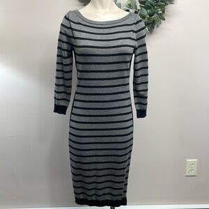 Ann Taylor Sweater Dress Wool Blend 3/4 Length Sleeve Gray Black Striped S